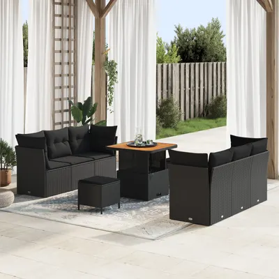 Set de canapea de gradina Gossi cu 9 piese negru ratan poli acacia, set de dining de gradina Gossi cu 3 piese negru ratan poli acacia