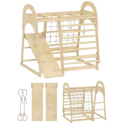 AIYAPLAY Cadru de cățărat pentru interior, design 6-în-1, tobogan, bare de cățărat, perete de cățărat, scară, plasă de cățărat, 3-6 ani, lemn | Aosom Romania
