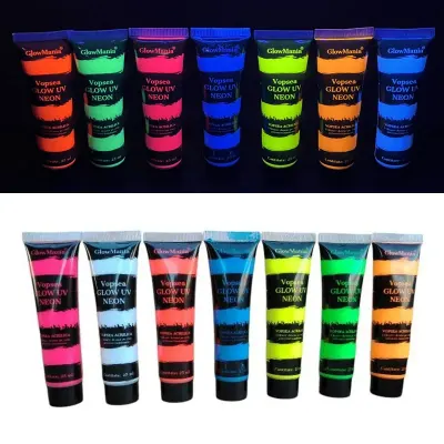 Set 7 culori vopsea glow UV neon, 25 ml/culoare, pentru corp si fata, pe baza de apa
