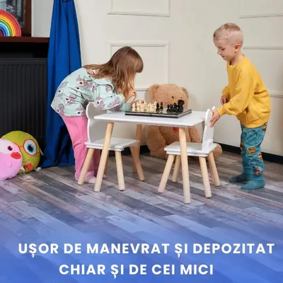 Set masa si 2 scaune pentru copii Suporto Alb, din lemn MDF, scaun in forma de ursulet, varsta 3-6 ani, cu margini rotunjite