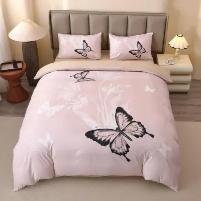 Lenjerie pat dublu, FINET, Imprimeu Digital 5D - Identic cu poza, Cu ELASTIC, 4 piese, Crem, Fluturi