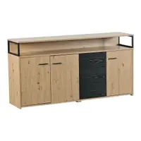 Comoda Modernă cu Trei Uși și Trei Sertare, Mobilă Multifuncțională pentru Bucătărie și Birou, Mânere din Metal, 150x35x75,9 cm, Negru Maro