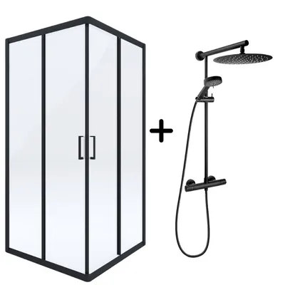 Set cabina dus neagra patrata 80x80 cm Hector plus coloana dus cu termostat negru mat FDesign Anima