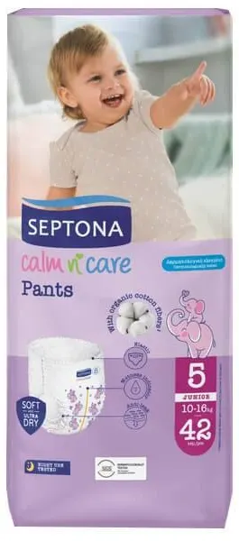 Scutece-chiloței pentru bebeluși Septona - Calm n' Care, Junior, mărimea 5, 10-16 kg, 42 bucăți