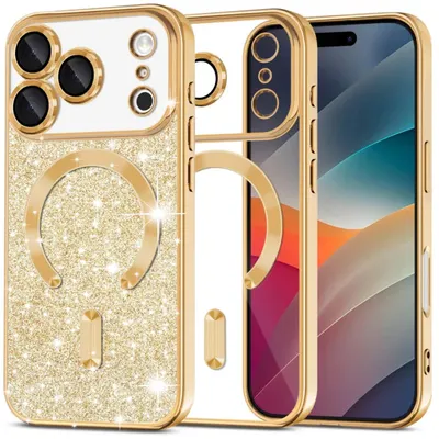 Husa Glitter Guard Magsafe, pentru iPhone 17 Pro Max, Antisoc, Sclipici si silicon, Auriu Engros