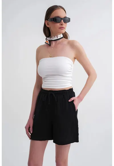 Pantaloni scurti dama - bumbac texturat - talie inalta - negru