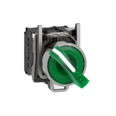 Comutator selector complet iluminat verde Ø22 ramanere in 2 pozitii 1NO+1NC 24V