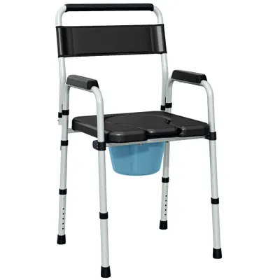 HOMCOM Scaun Toaletă Pliabil cu Găleată Detașabilă, Brațe și Spătar din Oțel și Piele PU, 52,5x46x81,5-97 cm, Negru | Aosom Romania
