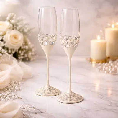 Set pahare șampanie AZAY ivory cu perle și cristale, 25.5 cm, pahare flute elegante, cadou premium cu cutie și tissue paper