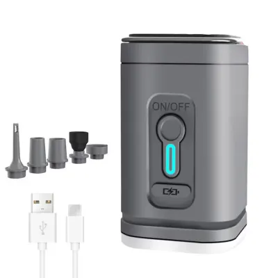 Pompa de aer electrică portabilă cu lanternă LED – 3 moduri luminoase, 5 duze, USB reîncărcabilă