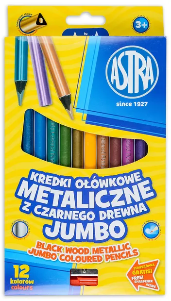 Creioane Jumbo colorate Astra -12 culori metalice, din lemn negru, cu ascutitoare