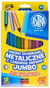 Creioane Jumbo colorate Astra -12 culori metalice, din lemn negru, cu ascutitoare