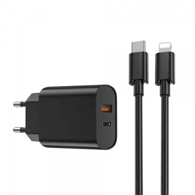 Incarcator Retea Cu Cablu Lightning WiWu Wi-U002, 20W, 3A, 1 x USB-A - 1 x USB-C, Negru