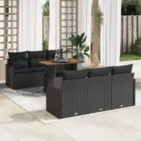 Set de canapele pentru gradina Gossi 7 piese cu perne negru poliratan, canapea de gradina Gossi pentru 2 persoane cu depozitare si perne negru poliratan