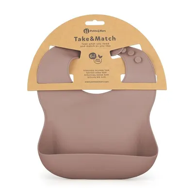 Baveta moale PetiteMars Velvet Latte Maro pudrat TakeMatch, reglabila, cu buzunar colector, silicon, fara BPA, 6 luni+