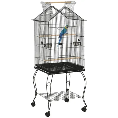 PawHut Cușcă pentru păsări pe suport cu 2 mese perșoare tavă detașabilă mâner și roți 50 x 58 x 137/145 cm negru | Aosom Romania