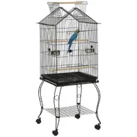 PawHut Cușcă pentru păsări pe suport cu 2 mese perșoare tavă detașabilă mâner și roți 50 x 58 x 137/145 cm negru | Aosom Romania