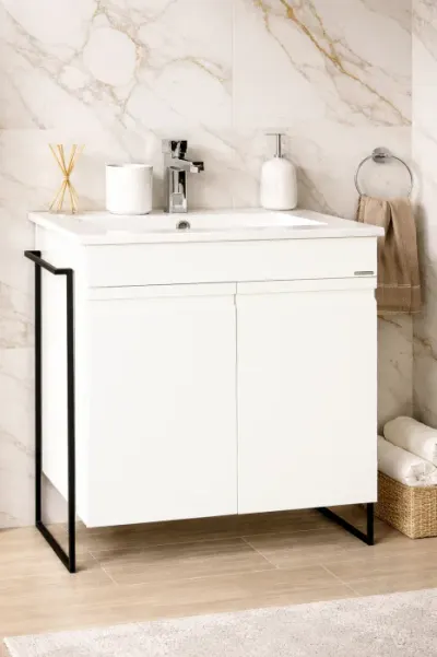 Set Baza front MDF si Lavoar seria 086, cadru metalic, montata, 70 cm, alb