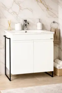 Set Baza front MDF si Lavoar seria 086, cadru metalic, montata, 70 cm, alb