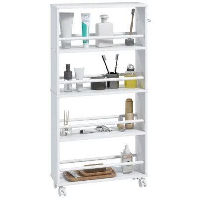 HOMCOM Cărucior de depozitare cu 4 niveluri, cărucior cu role și mânere, cărucior îngust, 45 x 15 x 91 cm, alb | Aosom Romania