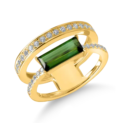 Inel dublu din aur galben cu turmalina verde rectangulara de 1.3ct si diamante de 0.3ct
