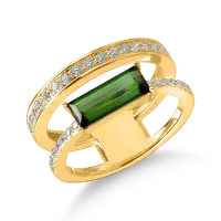 Inel dublu din aur galben cu turmalina verde rectangulara de 1.3ct si diamante de 0.3ct