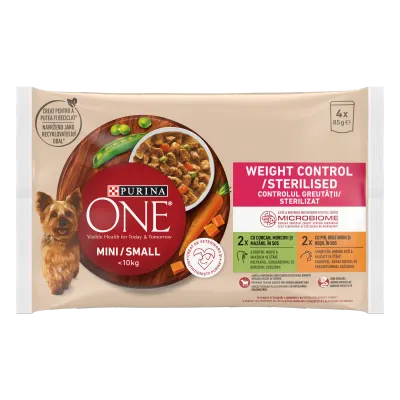 PURINA ONE MINI Weight Control/ Sterilised, curcan, morcovi, si mazare/ cu pui, orez brun, si rosii, in sos, 4x85 g