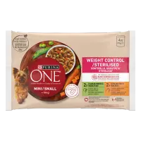 PURINA ONE MINI Weight Control/ Sterilised, curcan, morcovi, si mazare/ cu pui, orez brun, si rosii, in sos, 4x85 g