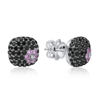 Cercei din aur alb cu diamante negre si incolore de 1.6ct si safire roz de 0.2ct