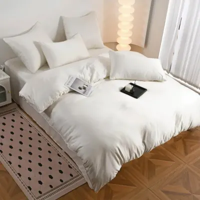 Lenjerie de pat dublu Luxury, tip Matase, 6 piese, alb unt