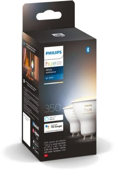 Becuri inteligente Philips - Hue, 4.3W, GU10, dimmer, 2 bucăți albe