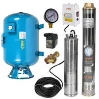 Kit hidrofor 100L vertical/orizontal cu pompa submersibila IBO Dambat 4SDM3/14, 1.1kW, debit 94l/min, racord 1.5", rezistenta la nisip
