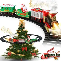 Set Tren Electric de Craciun pentru Brad, Lumini si Sunete, 22 Piese, Locomotiva, Vagon Carbune, Sanie Mos Craciun si Sine