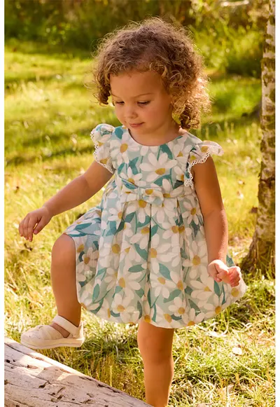 Rochie evazata cu model floral - Alb/Galben/Albastru petrol