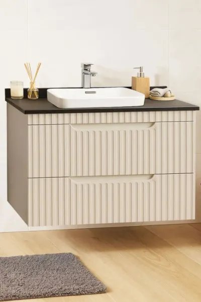 Set Baza front MDF si Lavoar seria 633, suspendata, cu sertare, montata, 80 cm, crem