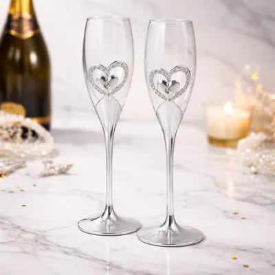 Set pahare șampanie AZAY cu inimă decorativă și cristale, 26.5 cm, pahare flute elegante, cadou cu cutie premium și tissue paper