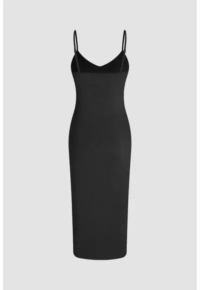 Rochie midi - Decolteu in V - Bretele subtiri - Poliester/Eladwqfstan - Negru