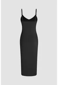 Rochie midi - Decolteu in V - Bretele subtiri - Poliester/Eladwqfstan - Negru