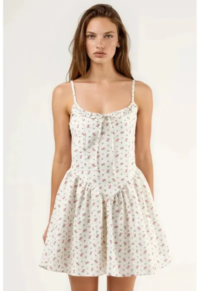 Rochie mini imprimeu floral - guler in U - bej - poliester