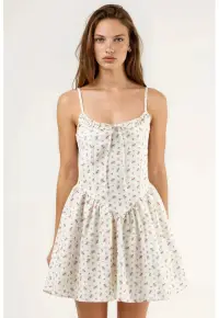 Rochie mini imprimeu floral - guler in U - bej - poliester