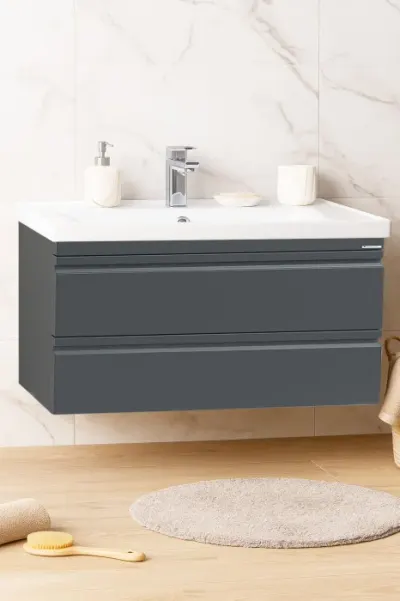 Set Baza front MDF si Lavoar seria 786, suspendata, cu sertare, montat, 100 cm, antracit