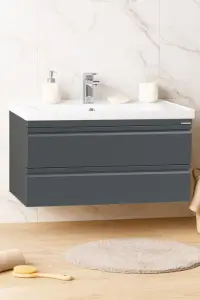 Set Baza front MDF si Lavoar seria 786, suspendata, cu sertare, montat, 100 cm, antracit
