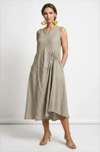 Rochie midi, asimetrica, din in, cu croiala ampla A-line si detaliu drapat, bej