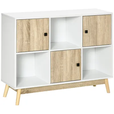 HOMCOM Bufet living, mobilier de depozitare 9 cuburi cu 3 uși și 3 compartimente deschise, picioare din lemn de pin, stil modern, bufet pentru sala de mese, bucătărie și living, 96 x 30 x 75 cm, alb, natural | Aosom Romania