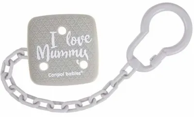 Clips pentru suzetă Canpol - I Love Mummy, cu lanț, gri