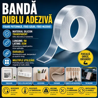 Banda dublu adeziva silicon, 20 mm x 1 m, SMART Nano Magic Tape