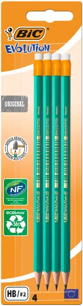 Set 4 creioane cu radiera Grafit Eco Evolution Bic, HB 2