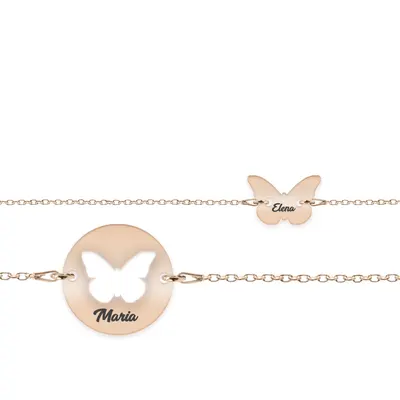 Mariposa - Set bratari personalizat banut si fluturas cu nume din argint 925 placat cu aur roz