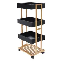 Cărucior de Depozitare cu 3 Rafturi – Structură din Bambus și Tăvi MDF Negre – Mobil cu Roți – 87,5 x 40 x 30 cm