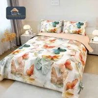 Cuvertura Matlasata, Bumbac Finet, cu Imprimeu 5D, 220x240cm + 2 fete de perna 50x70cm, Bej, Fluturi